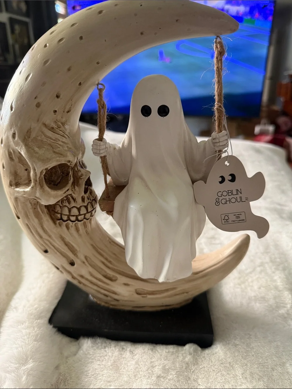 Ghost on Crescent Moon Figurine - White & Tan Halloween Decor